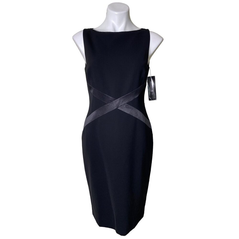Lafayette 148 New York NWT $548 Black Midi Sheath Dress w/Leather Detail Size 4